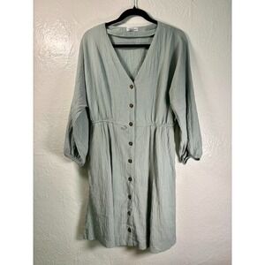 Calvin Klein Button-Down Shirtdress Balloon Sleeves Green Sz L Preppy Beach Work